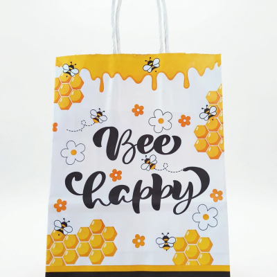 Saco de papel com design de abelhas e colmeias com texto Bee happy