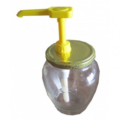 Frasco de vidro com tampa amarela e dispenser amarelo