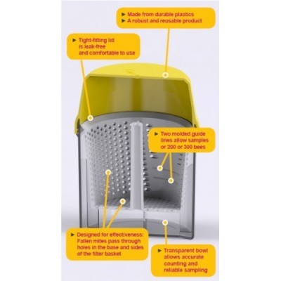 Recipiente de plástico transparente com tampa amarela e etiquetas explicativas