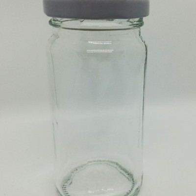 Frasco de vidro transparente com tampa cinza