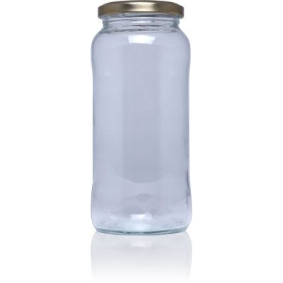 Frasco de vidro transparente com tampa metálica dourada