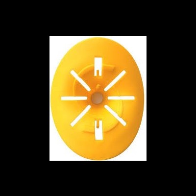 Dispositivo oval amarelo com aberturas radiais brancas e peça circular ao centro