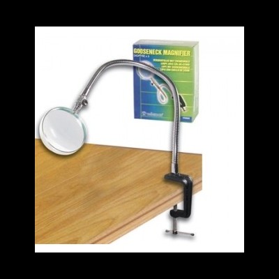 Lupa com braço flexível e base de fixar em mesa junto com embalagem de produto