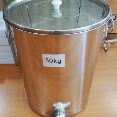 Recipiente cilíndrico de aço inoxidável com tampa de vidro e torneira, etiqueta 50kg