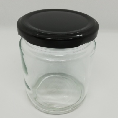 Frasco de vidro transparente com tampa preta