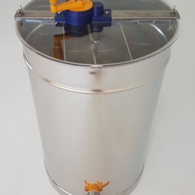 Recipiente metálico cilíndrico com tampa transparente e torneira laranja