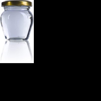 Frasco de vidro com tampa dourada sobre fundo branco