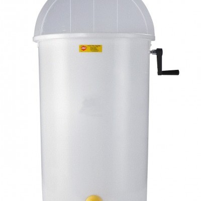 Recipiente plástico branco cilíndrico com tampa, alavanca lateral preta e torneira amarela