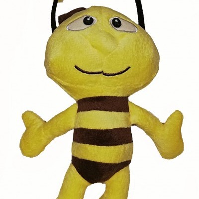 Pelúcia amarela em forma de abelha com listras castanhas e antenas pretas