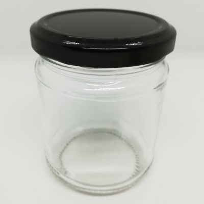 Frasco de vidro transparente com tampa preta