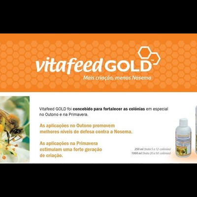 Promoção Vitafeed GOLD suplemento para abelhas, frasco e embalagem com texto explicativo em português