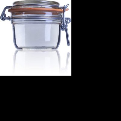 Frasco de vidro transparente com tampa de borracha castanha e fecho metálico