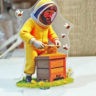 Figura decorativa de apicultor em fato amarelo com colmeia e abelhas