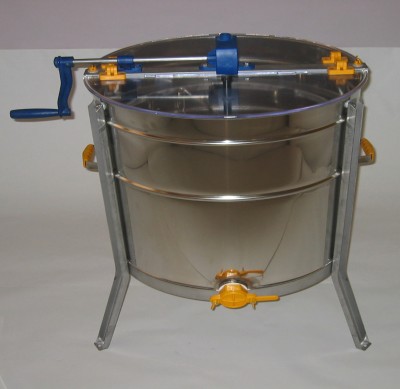 Descaroçador manual de mel em aço inoxidável com manivela azul e suporte metálico