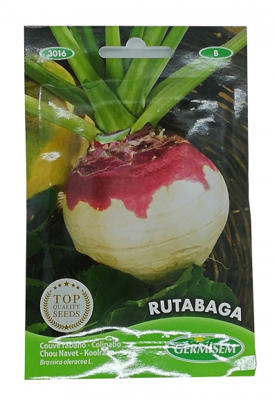 Pacote de sementes de rutábaga com imagem da raiz e texto informativo