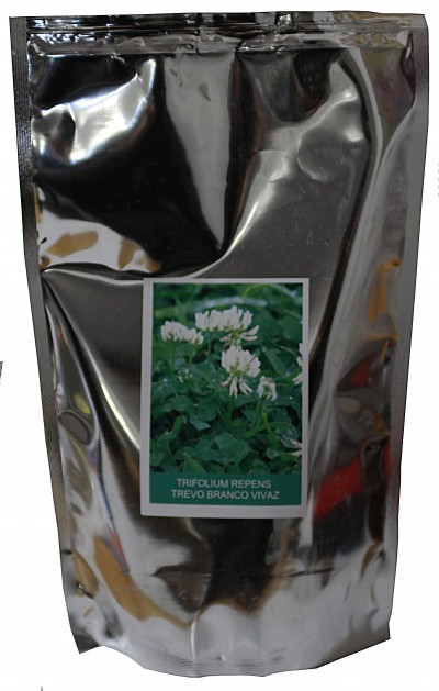 Embalagem prateada com etiqueta de planta e texto