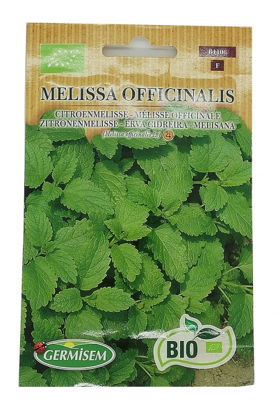 Embalaem de sementes de Melissa Officinalis com imagem das folhas verdes