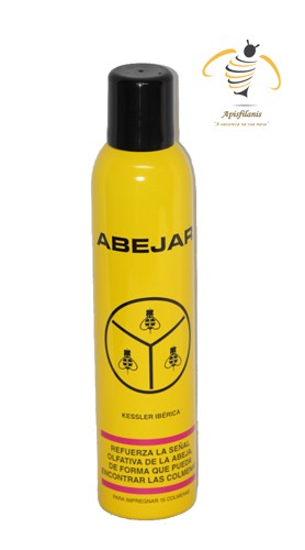 Frasco amarelo com tampa preta e texto em espanhol da marca ABEJAR com logotipo e texto Apiflamis