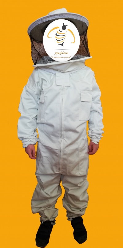 Macacão de apicultor branco com proteção de tela preta na cabeça