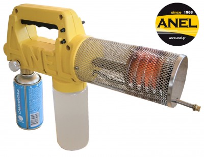 Máquina amarela com reservatório branco e gás comprimido azul para limpeza ou desinsetização