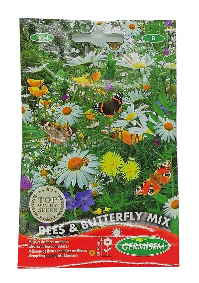 Saco colorido de sementes de flores com desenhos de borboletas e flores variadas