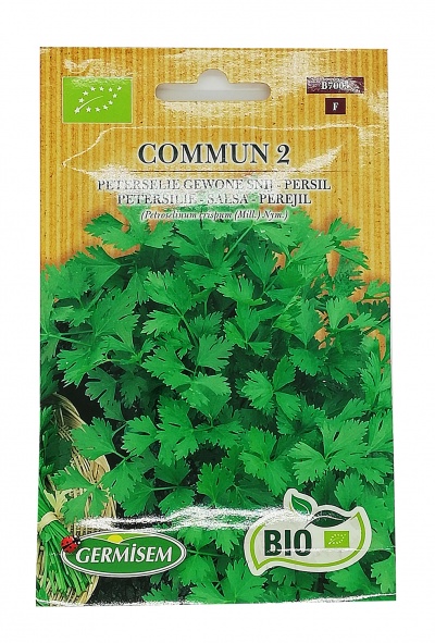 Pacote de sementes de salsa comum com texto e símbolos biológicos