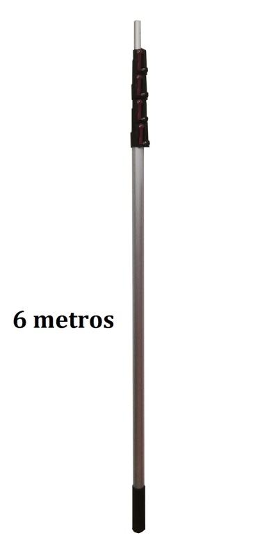Mastro telescópico prateado com travas pretas e vermelhas e texto '6 metros'