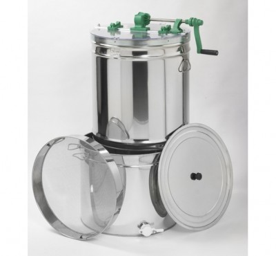 Recipiente metálico com tampa e mecanismo de manivela verde