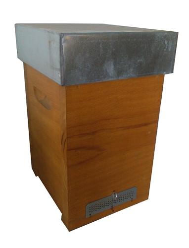 Colmeia de madeira com tampa de metal cinza e placa metálica perfurada na base