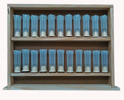 Caixa de madeira com tubos plásticos translúcidos e tampas azuis