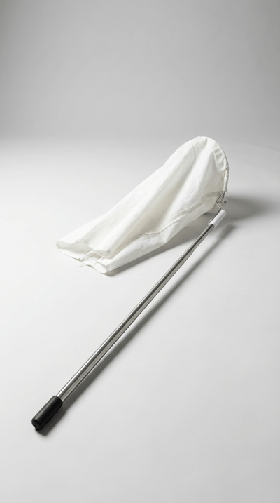 Rede de captura com cabo metálico e rede branca sobre fundo branco