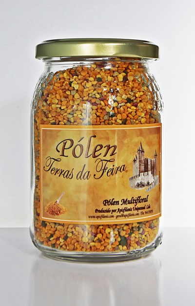 Frasco de vidro com pólen multifloral e etiqueta amarela