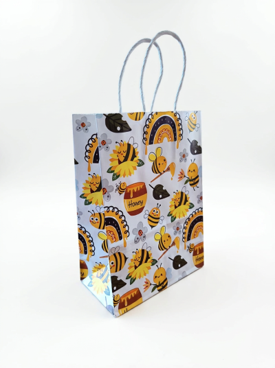 Saco de papel decorado com abelhas, flores e potes de mel