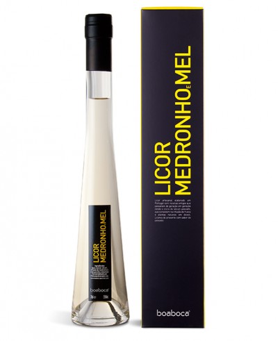 Garrafa de licor Medronho Mel e caixa preta com texto amarelo