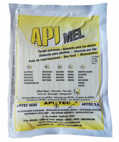 Pacote de alimentação para abelhas API MEL com texto em várias línguas e design branco e amarelo