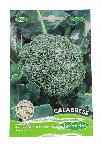 Pacote de sementes de brócolos Calabrese da marca Germisem com selo de qualidade topo.