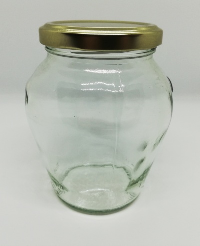 Frasco de vidro transparente com tampa dourada