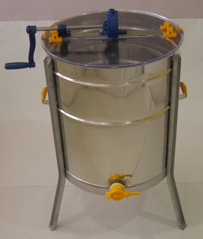 Extrator de mel em aço inoxidável com manivela azul e válvula amarela.