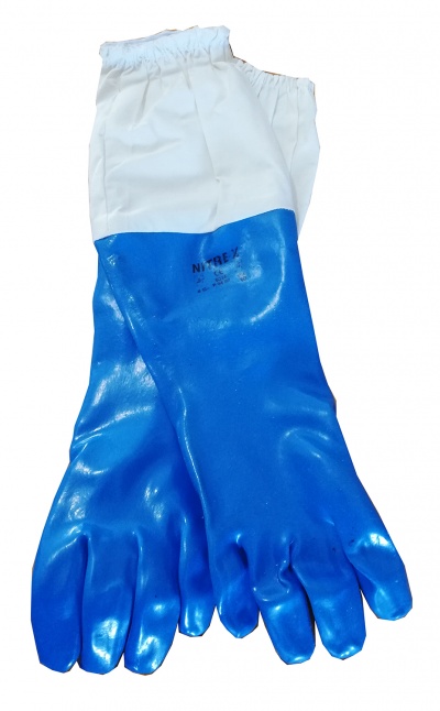 Luvas de proteção azul e branca com texto NYTREL