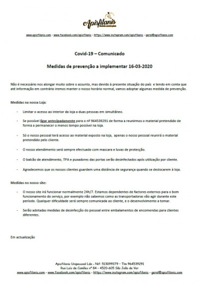 Comunicado Apisfilanis Covid-19 medidas de prevenção 16-03-2020