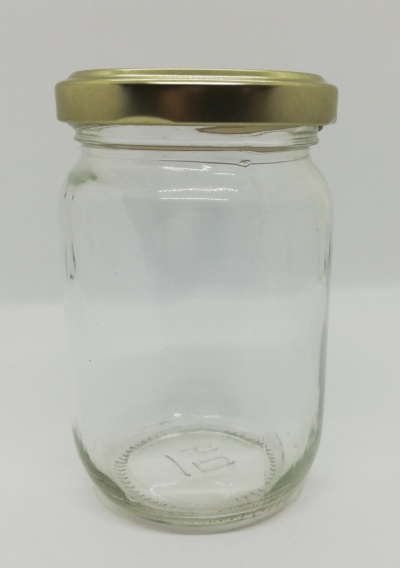 Frasco de vidro com tampa metálica dourada