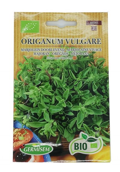 Pacote de sementes de orégãos frescos com rótulos BIO e GERMÍSEM
