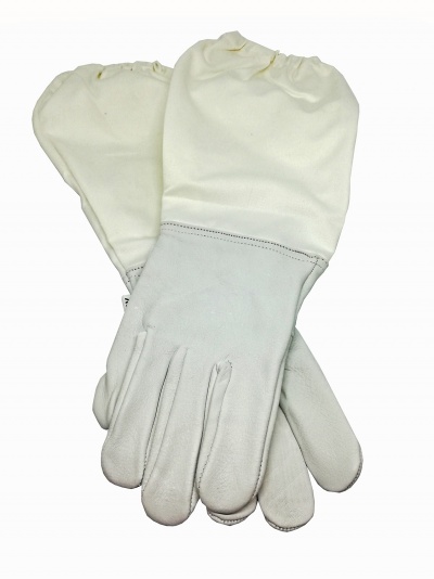 Luvas de proteção brancas com parte inferior tipo couro e parte superior em tecido