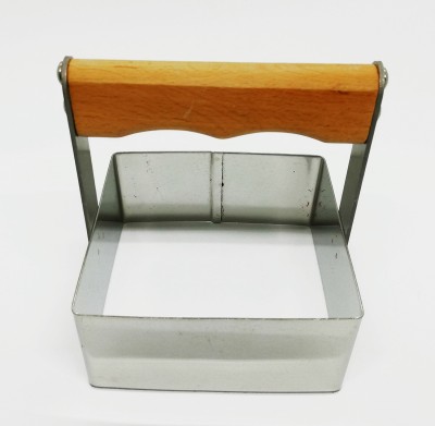 Prensa para hambúrguer quadrada em metal com alça de madeira