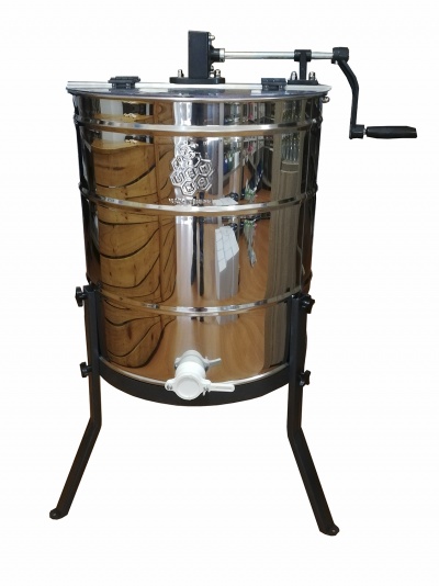 Recipiente metálico cilíndrico para processamento com manivela e bico, estrutura preta