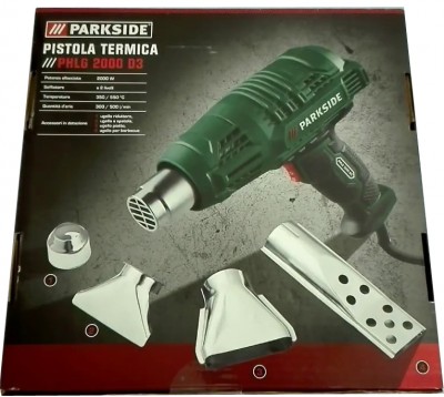 Pistola térmica PARKSIDE verde com três bicos metálicos sobre caixa preta com texto branco