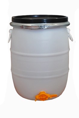 Tambor de plástico branco com tampa preta e torneira amarela