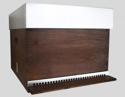 Colmeia para abelhas em madeira com tampa branca e entrada frontal