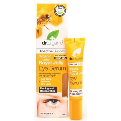 Embalagem e frasco de sérum para olhos Dr. Organic Royal Jelly com abelha e favo de mel