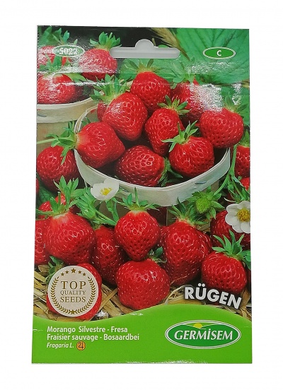 Embala de sementes de morango Germisem com morangos vermelhos e texto em várias línguas